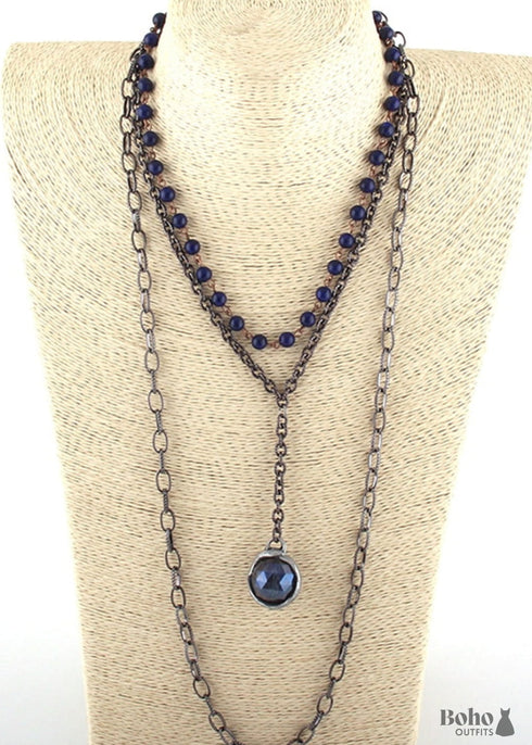 Boho Necklace, RH Antique Brass White Stone Glass